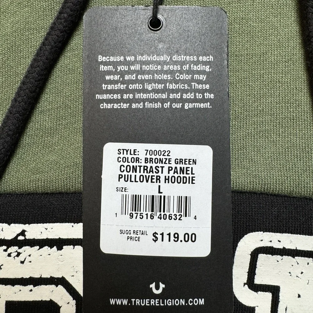 True‎ Religion Pullover Hoodie Mens Large Bronze Green Contrast Panel 700022 New